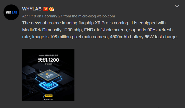 Realme X9 Pro leaked weibo post about the camera and CPU