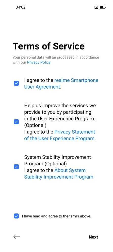 Condiciones de servicio Realme Setup