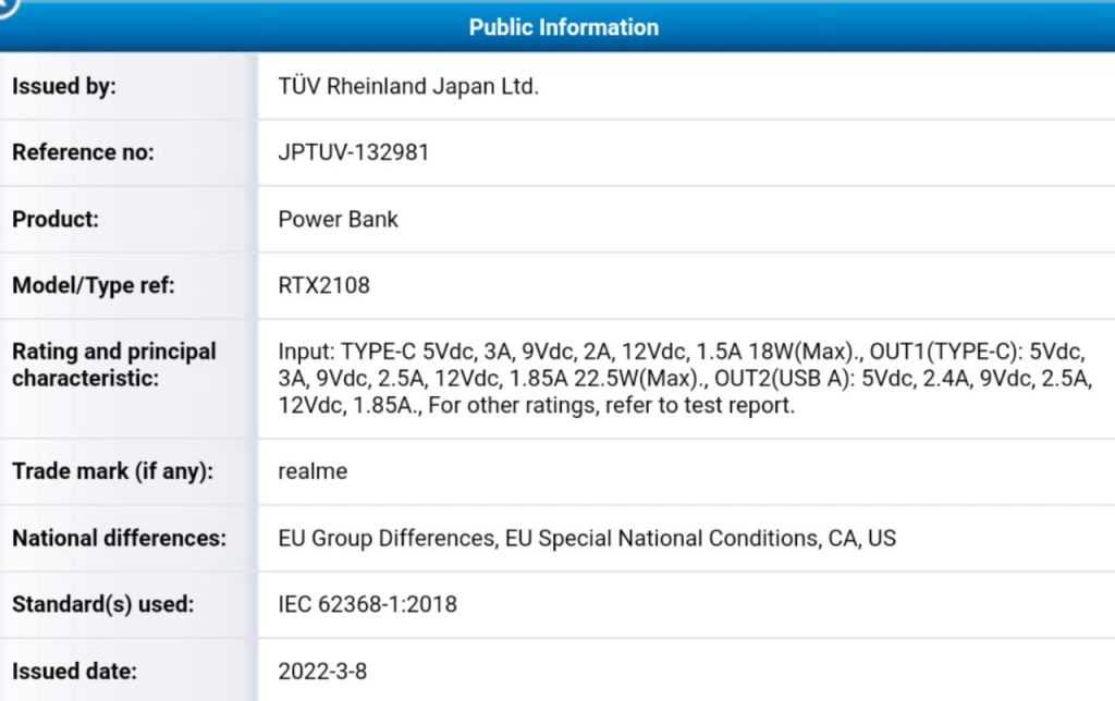 Realme Powerbank TUV RMLeaks